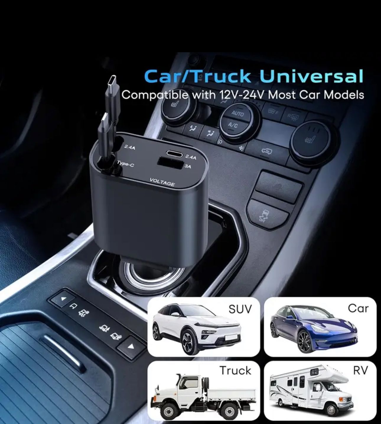 Cargador Carro 4 En 1 Dual Retractil